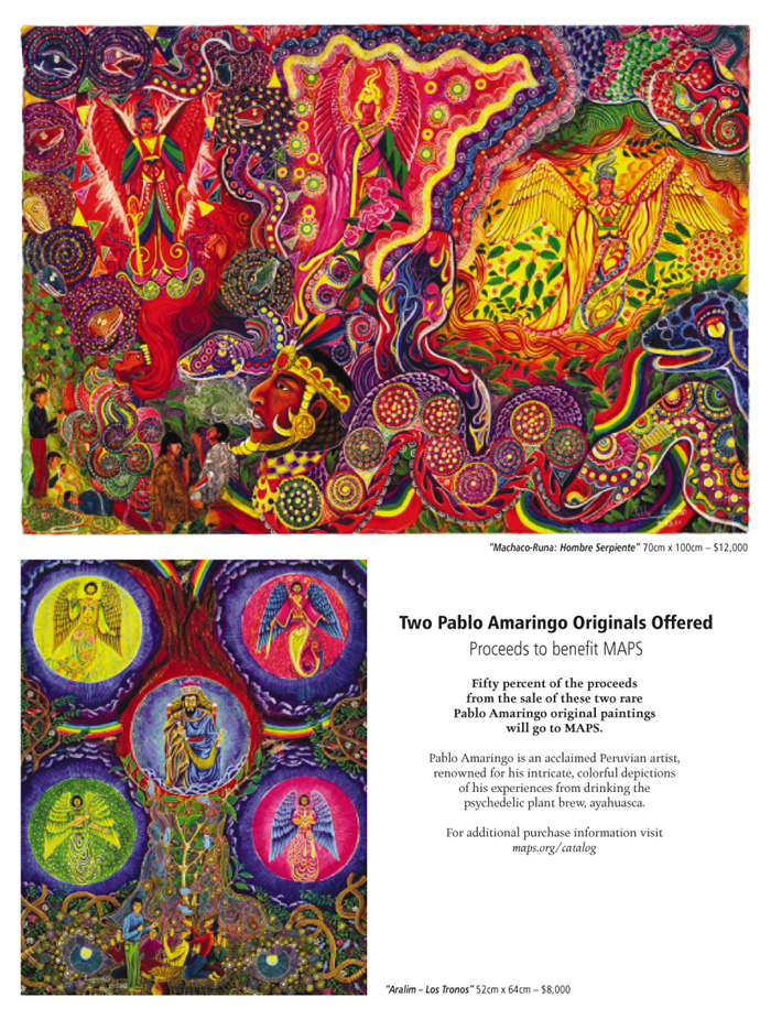 MAPS Bulletin Spring/Summer 2007 - The Chrysalis Stage - Inside Front Cover Image - Psychedelic Art - Pablo Amaringo - Aralim � Los Tronos 52cm x 64cm $8,000 and Machaco-Runa: Hombre Serpiente 70cm x 100cm $12,000