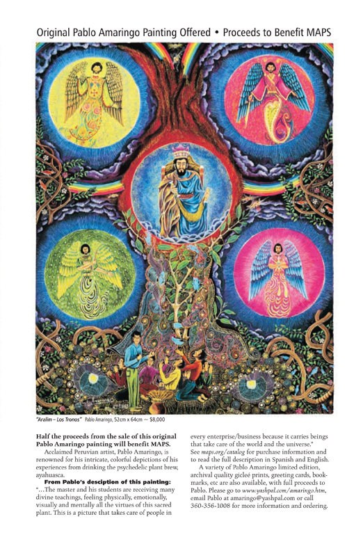 MAPS Bulletin Spring/Summer 2007 - The Chrysalis Stage - Inside Front Cover Image - Psychedelic Art - Pablo Amaringo - Aralim � Los Tronos 52cm x 64cm $8,000