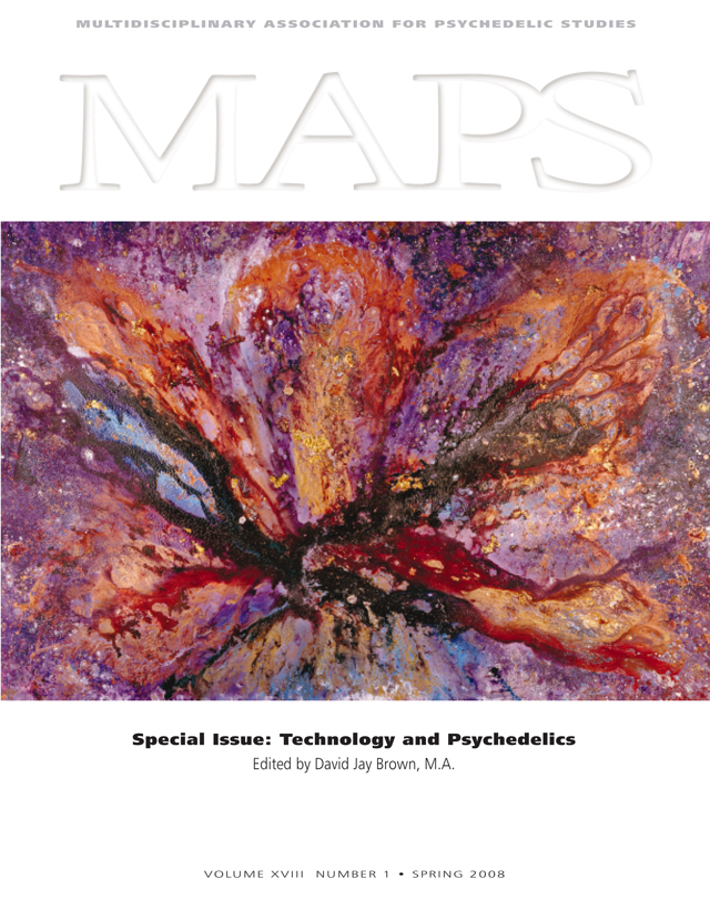 MAPS Bulletin Spring 2008 - Technology and Psychedelics  - Front Cover Image - Psychedelic Art - Dionysian Splendor
 Carolyn Mary Kleefeld, 1990
Mixed Media/Canvas 48 in. x 72 in.